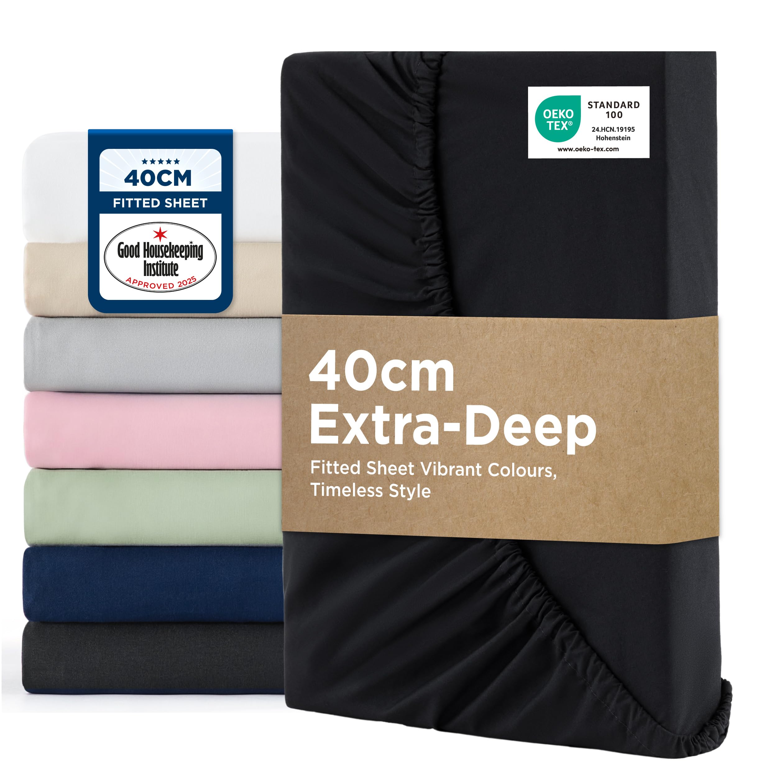Bedsure King Size Fitted Sheets - Bed Sheets Extra Deep Pocket 16 Inches (40 cm), Soft Brushed Polyester Microfiber Material for King Size Bed, Black, 150x200cm