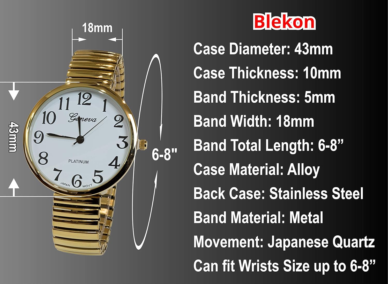 Reloj de pulsera dorado con correa elástica de tamaño muy grande