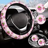 Cute Strawberry Steering Wheel Cover Anti-Slip and Practical 14.5-15 Inch Universal Steering Wheel Cover with 2 Pieces Car Coasters Suitable for Men Women