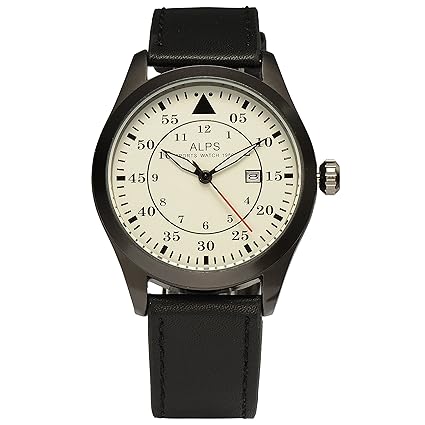 ALPS Mens Watch Casual Military Chronograph Calendar Watch with Black Leather Band