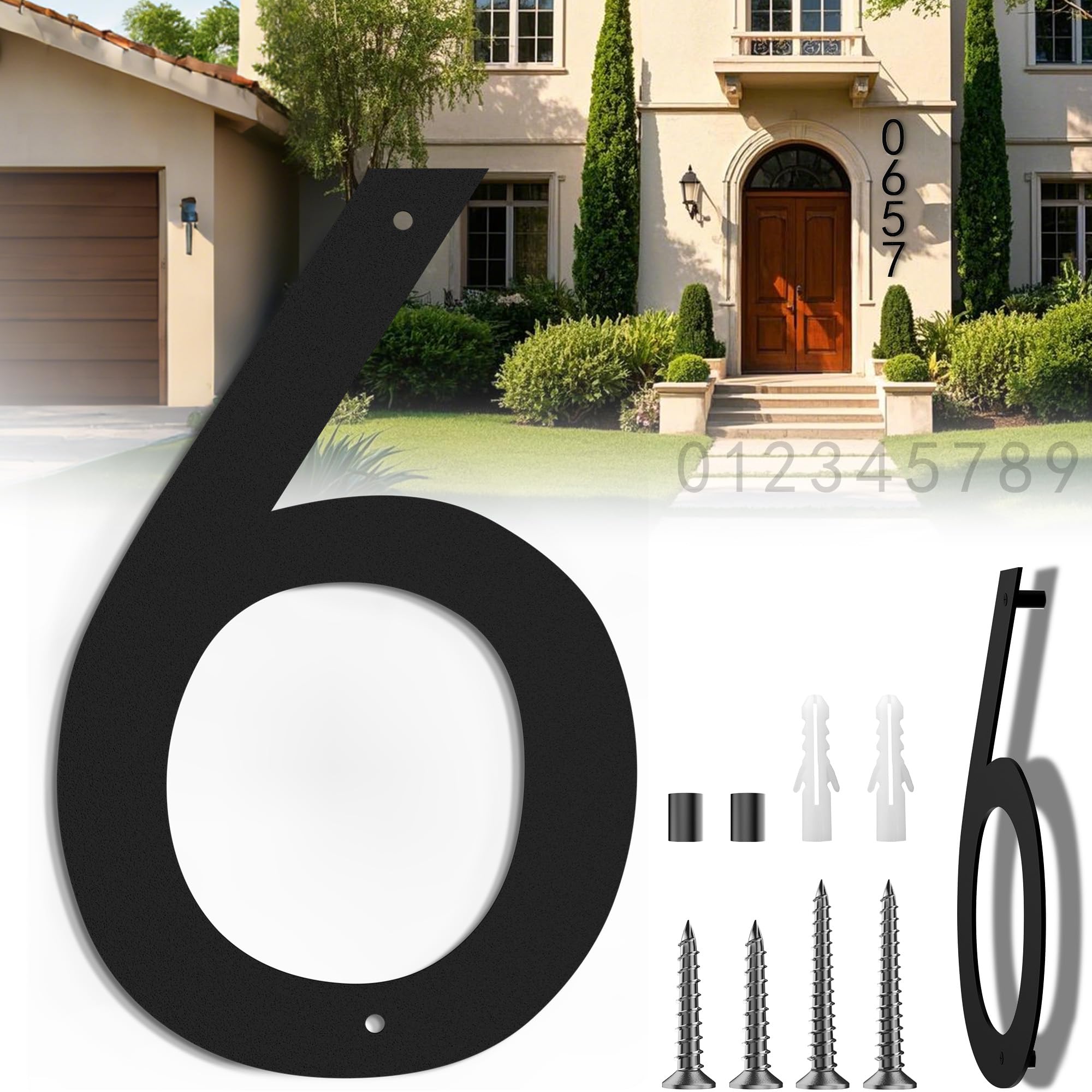 Photo 1 of 16 Inch Large Modern House Numbers for Outside, Big Address Numbers for House, Extra Large Floating House Numbers, Matte Black Steel 16'' Address Number 6 (0123456789)