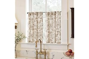 jinchan Small Window Curtains 36 Inch Linen Floral Curtain Set for Kitchen Bathroom Cafe Curtains Light Filtering Window Treatment Farmhouse Cottagecore Back Tab Drapes 2 Panels Taupe on Beige