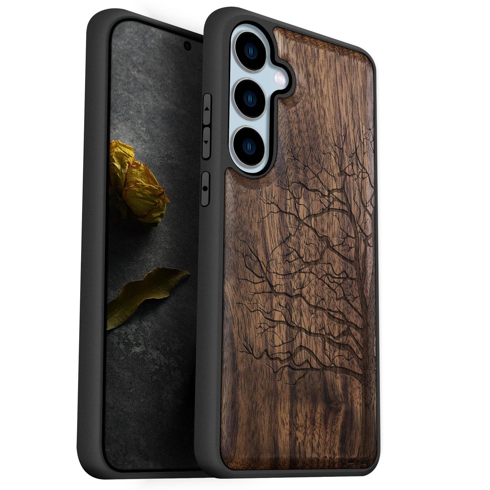 Carveit Wood Case for Galaxy S24 FE [Natural Wood & Black Soft TPU] Shockproof Protective Cover Unique Wooden Compatible With S24 FE (Eternal Tree-Walnut)
