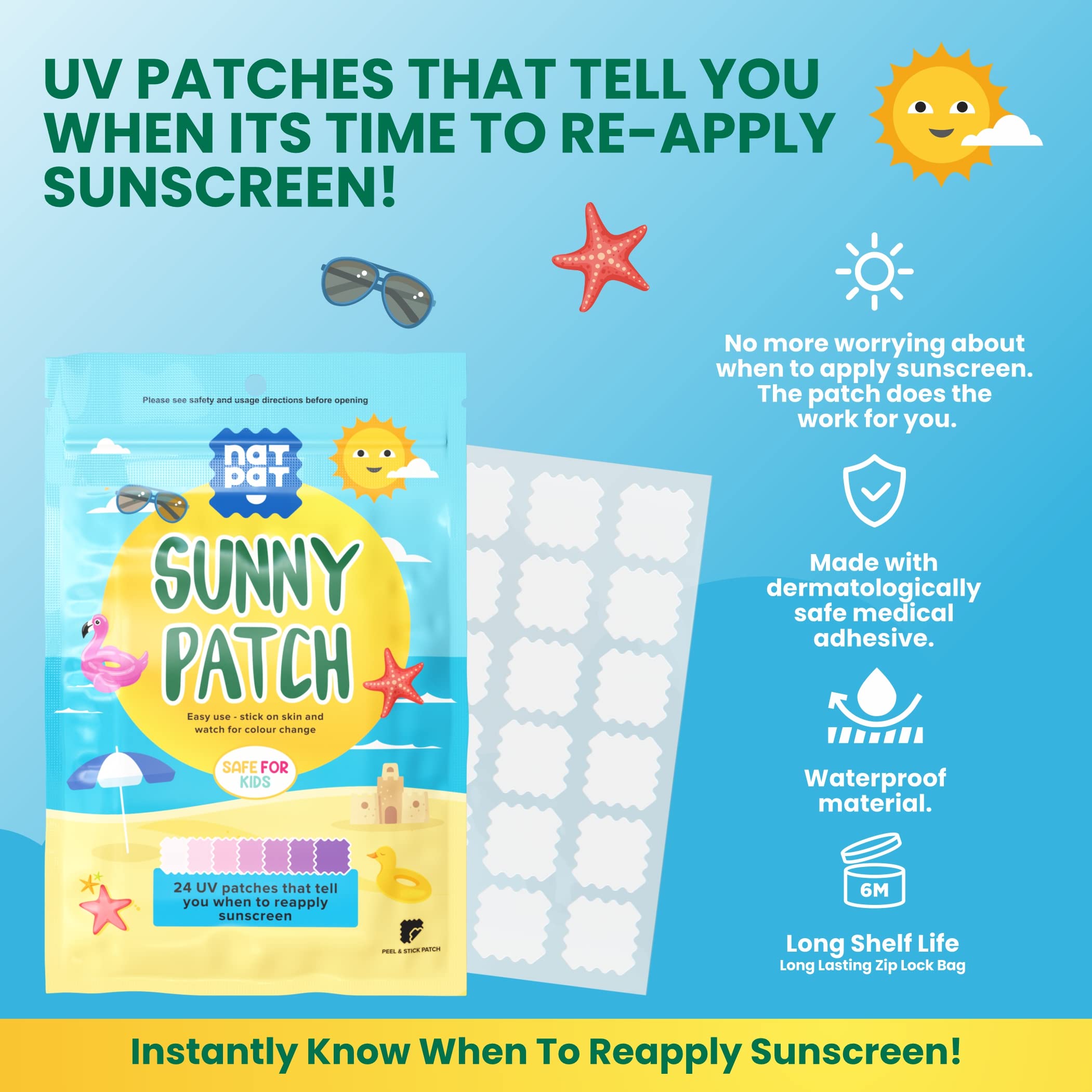 NATPAT Sunny Patch UV Detection Stickers Sunburn Prevention for Kids and Adults - Natural Waterproof Patches, Changes Color When Time To Reapply Your SunScreen - Buzz Patch Natural Patch (24 Pack)