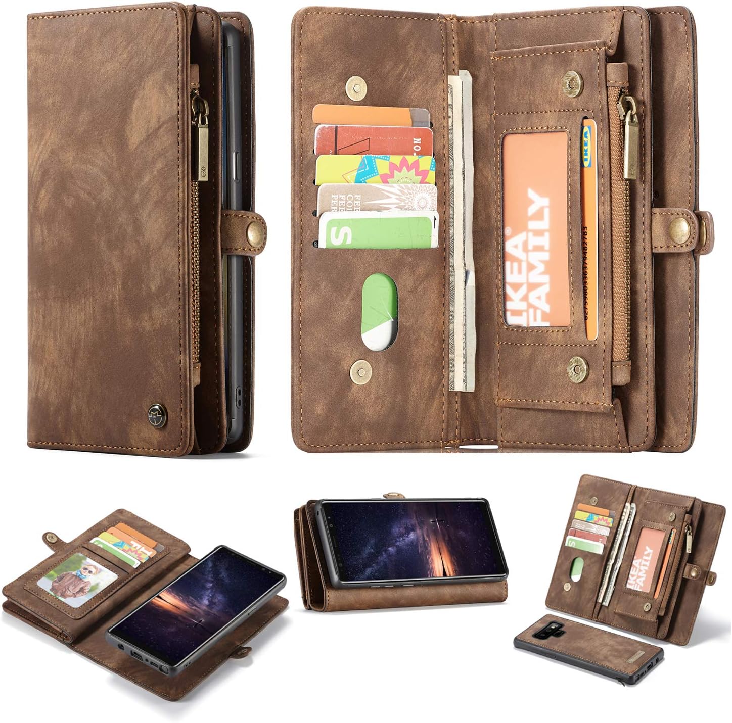 Galaxy Note 9 Wallet Case,AKHVRS Premium Leather Folding Flip Wallet Case Cover for Note 9 Card Slots Magnetic Closure Protective Cover Detachable Wallet Folio for Samsung Galaxy Note 9 Brown