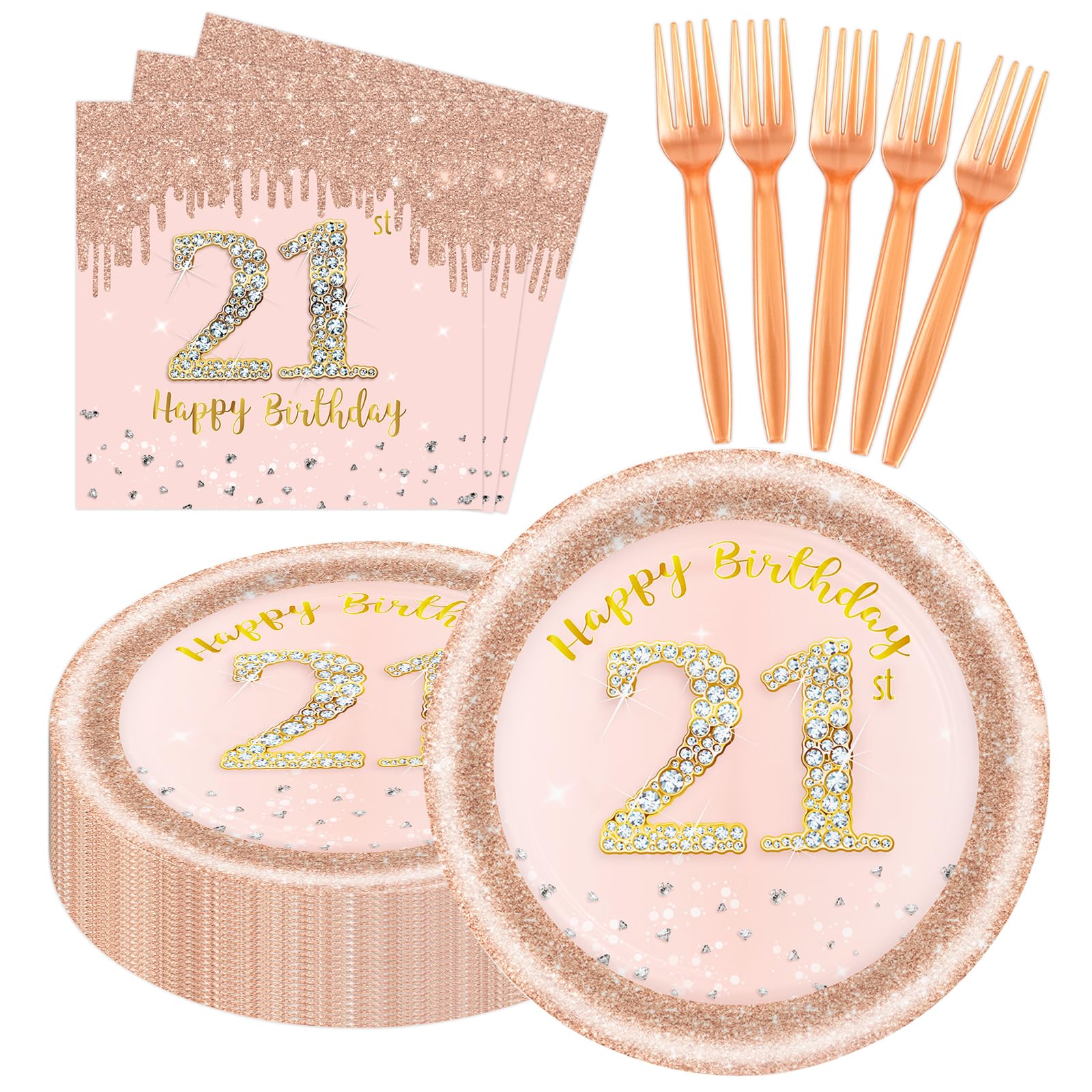 Photo 1 of 60 PCS 21st Birthday Decorations for Women, 21st Birthday Plates and Napkins Rose Gold Disposable Tableware Set Party Supplies for Women Girl Cheers to 21 Years Anniversary (21ST)