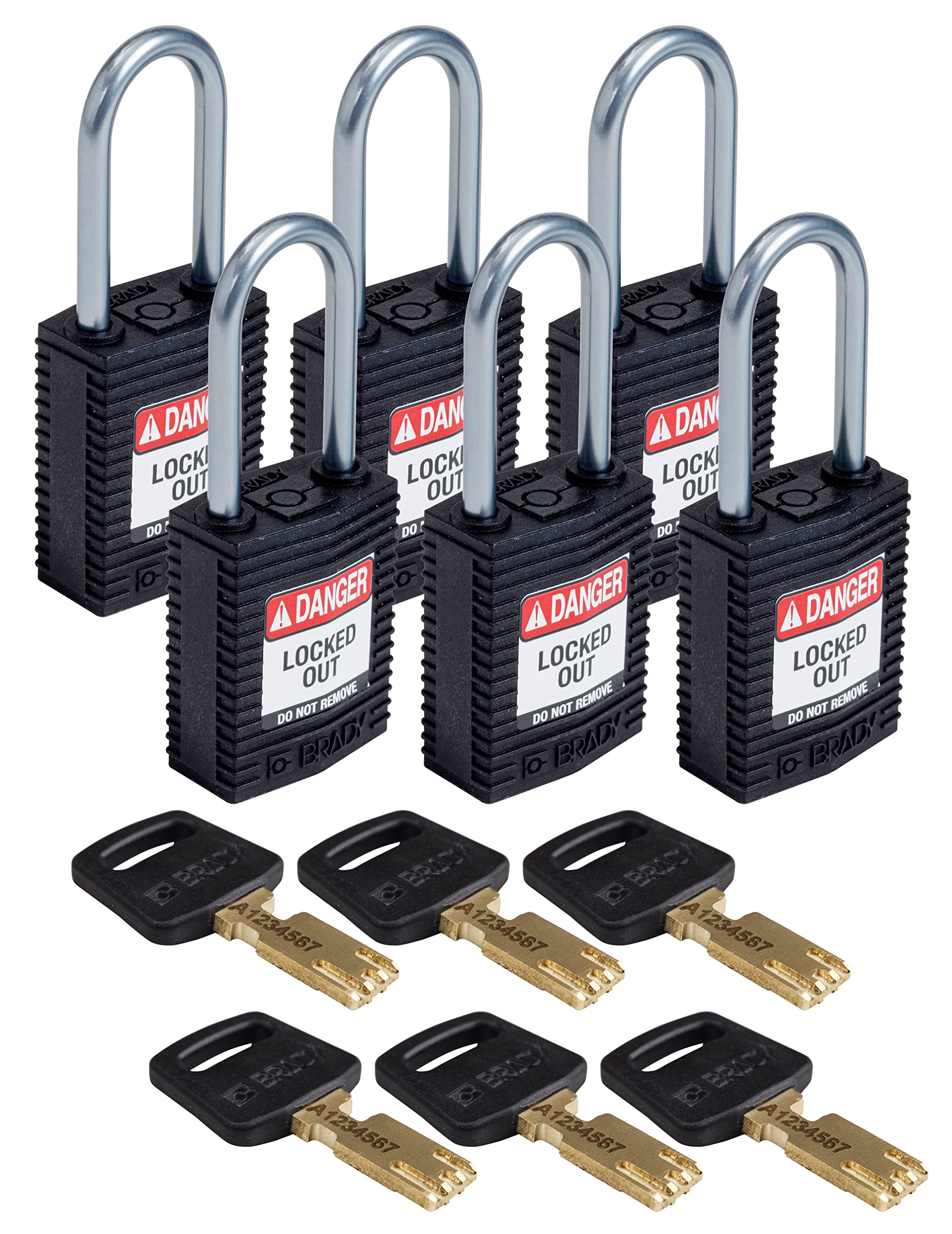 Brady CPT-BLK-38AL-KD6PK SafeKey Padlock, Black, 3.0 in H x 1.25 in W x 0.75 in D