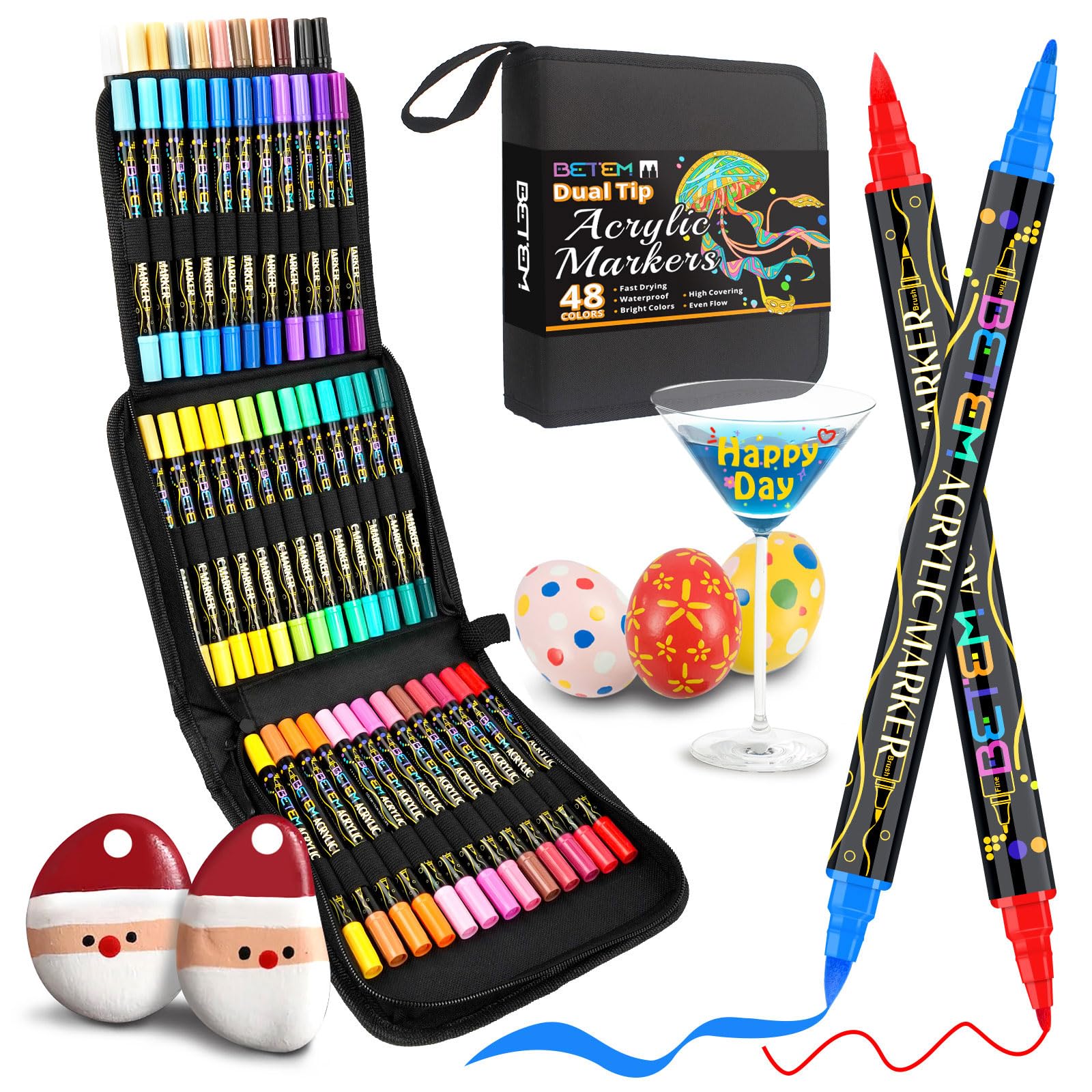 Betem Paint Markers Acrylic Paint Pens, Dual Tip 48 Colors Acrylic Markers with Brush Tip and Fine Point, Art Supplies for Wood, Canvas, Stone, Glass, Rock Painting Kit DIY Crafts Drawing Kit with Bag