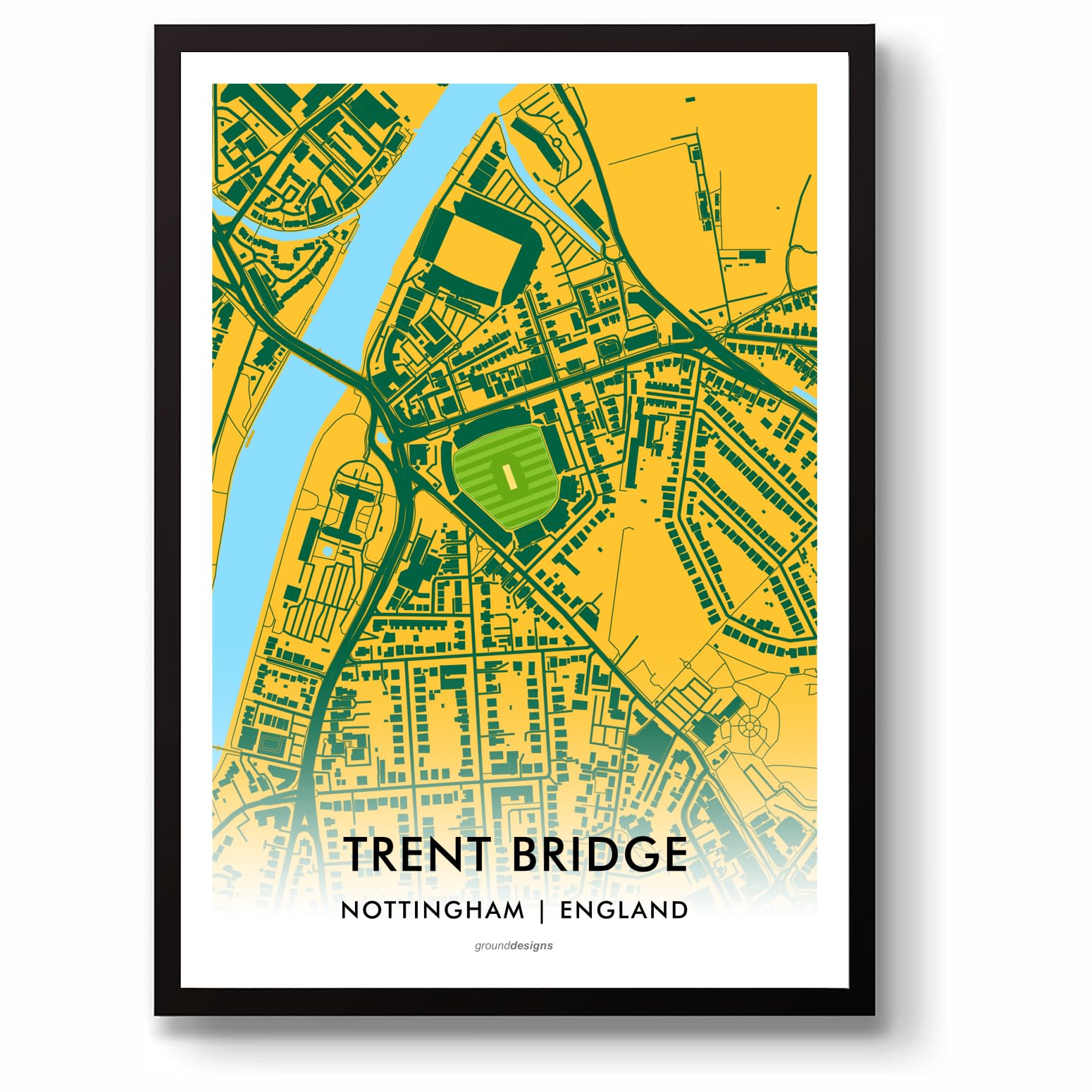 GroundDesigns TRENT BRIDGE CRICKET GROUND Nottingham Test Match Gift Stadium Art Map Unframed A3 Print NOTTS CCC