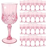 24 Pcs Pink Plastic Wine Glasses, Plastic Goblets for Parties, Vintage Wine Glasses Bulk, Reusable Drinking Glass, Drinkware Cups for Wedding Party Reception Event Supplies