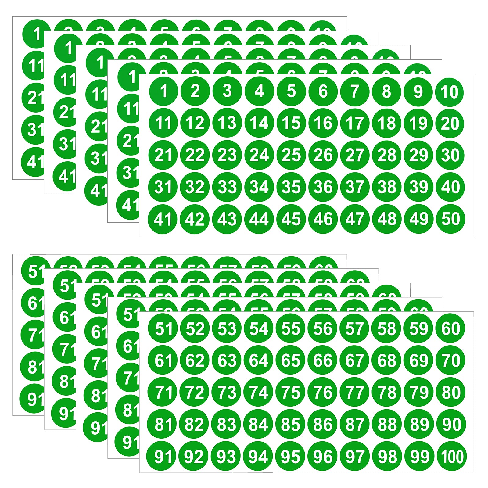 LUTER 10 Sheets Number Stickers 5 Sets of 1-100 Vinyl Number Sticker Waterproof Labels for Sorting Organizing Storage Boxes Lockers Indoor Outdoor Office School Supplies (Green, 1inch)