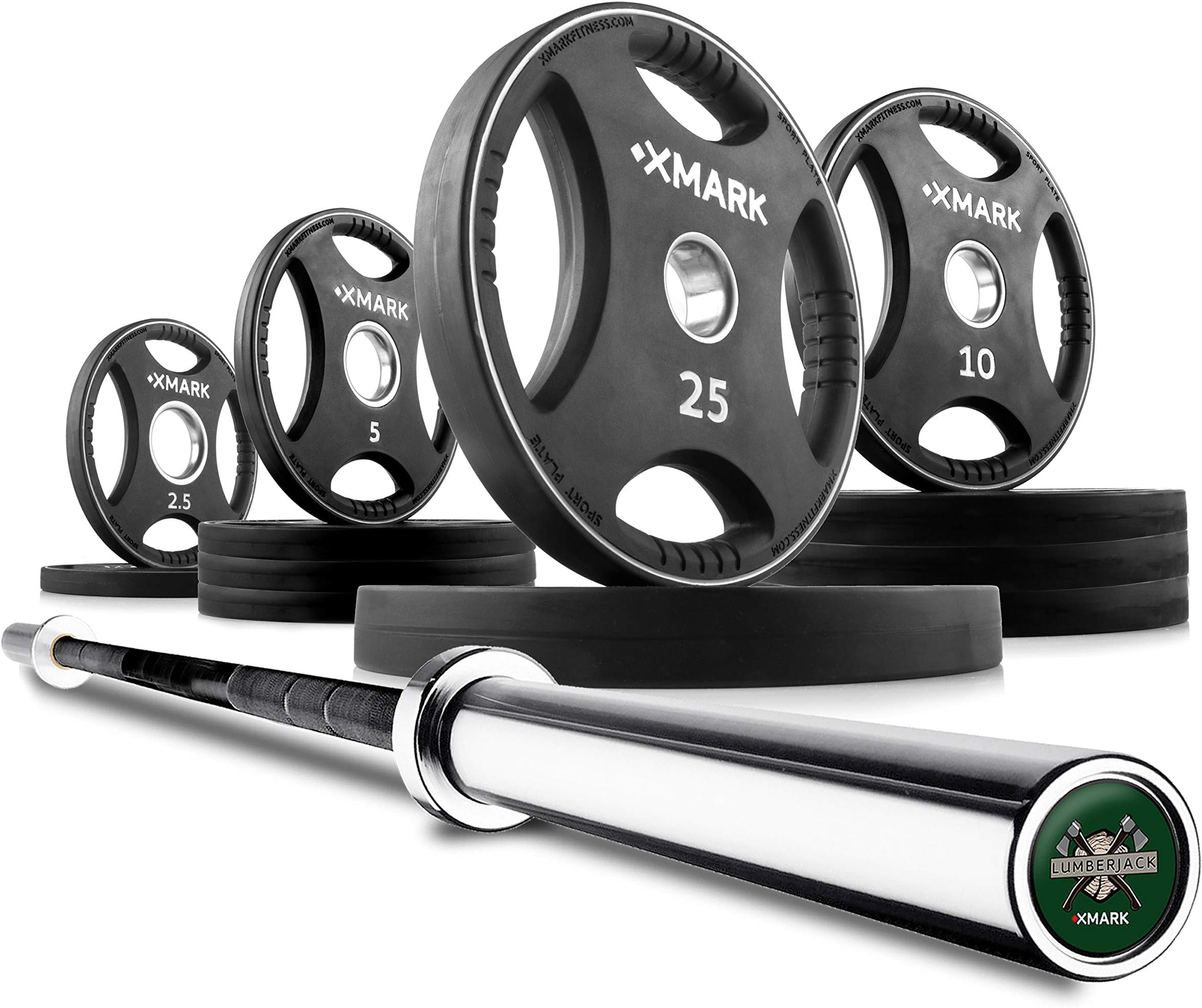 XMark Olympic Weight Set, Sport Olympic Weight Plate Sets with a Lumberjack 7' Olympic Bar