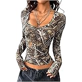 Floerns Women's Plus Size Camo Long Sleeve T Shirts V Neck Ruched Streetwear Y2k Tops