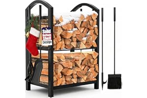 AMAGABELI GARDEN & HOME Firewood Rack Indoor with Tools 5-Piece Fireplace Tools Set Wood Holder Outdoor Wrought Iron Log Holder Firewood Storage Rack for Christmas Fireplace,Fire Pit,Wood Stove Black