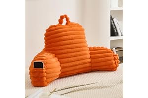 Memfydu Faux Fur Fluffy Orange Reading Pillow with Pockets, Luxury Striped Plush Decorative, Arm Rests and Back Surport for Bed Rest, Lounging on sofa, Large
