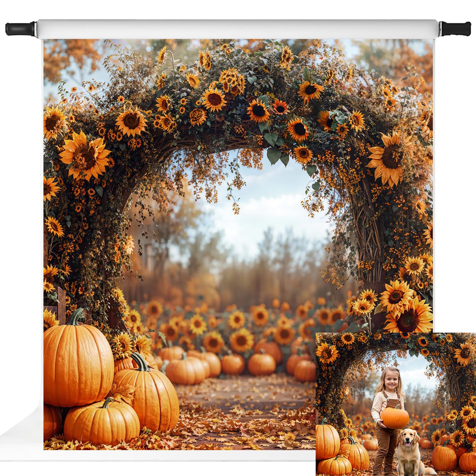Photo 1 of Kate Fall Sunflowers Arch Backdrops Autumn Pumpkins Harvest Outdoor Thanksgiving Festival Party Decorations, 10x10ft