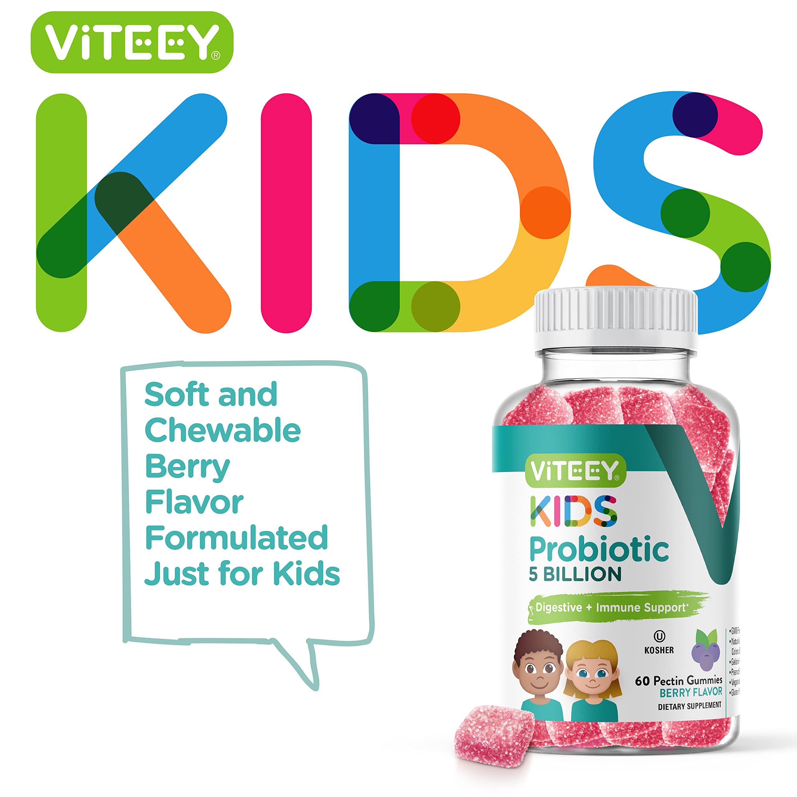 Probiotic Gummies for Kids - 5 Billion CFUs - Probiotics Kids Constipation Relief, Natural Immune & Digestive Health Support - Vegetarian, Gelatin Free, GMO Free - Tasty Chewable Berry Flavored Gummy