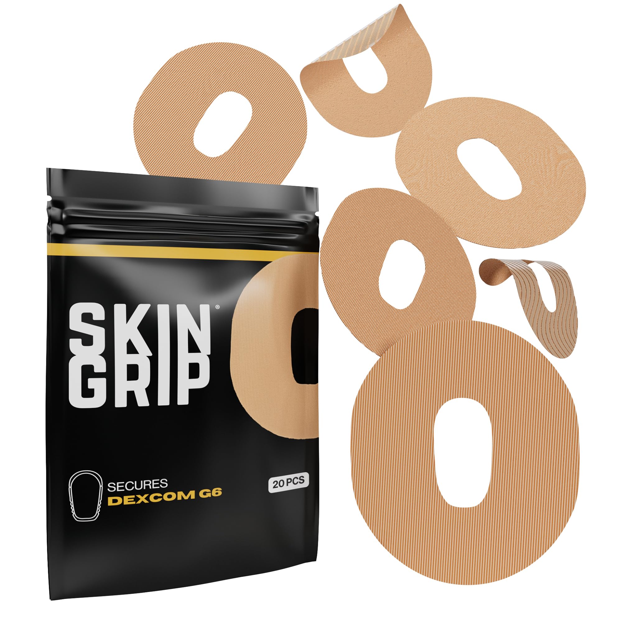 Skin Grip Adhesive Patch Compatible with Dexcom G6 Adhesive Patches Waterproof & Sweatproof with Cutout, Lasts 10-14 Days, Continuous Glucose Monitor Patch, CGM Sensor Cover – 20 Pack, Tan
