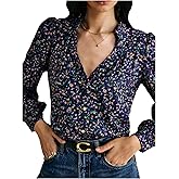SHENHE Women's Floral Blouse V Neck Tops Casual Long Sleeve Shirts Button Down Shirt Purple Medium