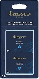 Waterman Serenity Blue Fountain Pen Refill Cartridges Long Standard 32 Count