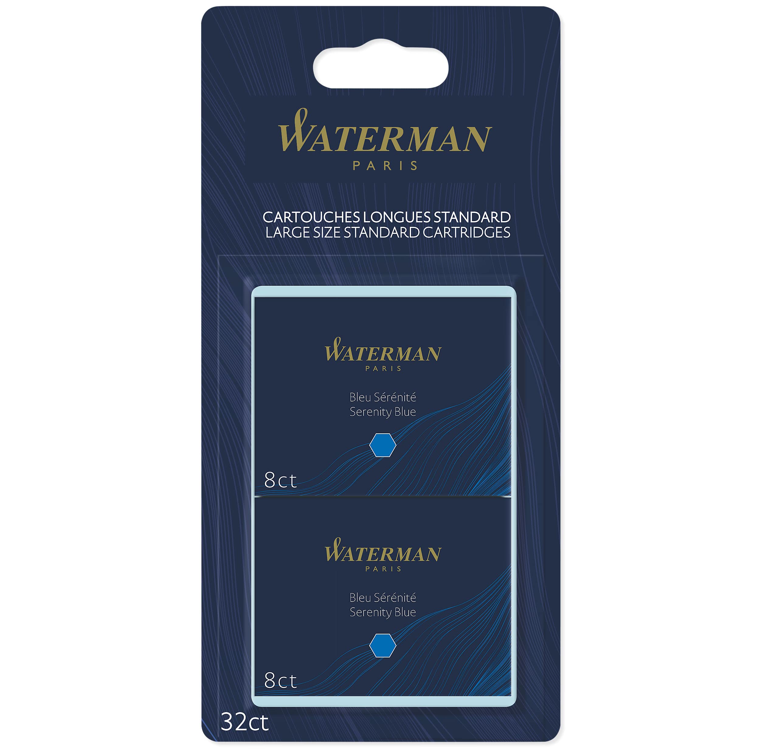 Waterman Fountain Pen Refill Ink Cartridges | Long Standard | Serenity Blue | 32 Count