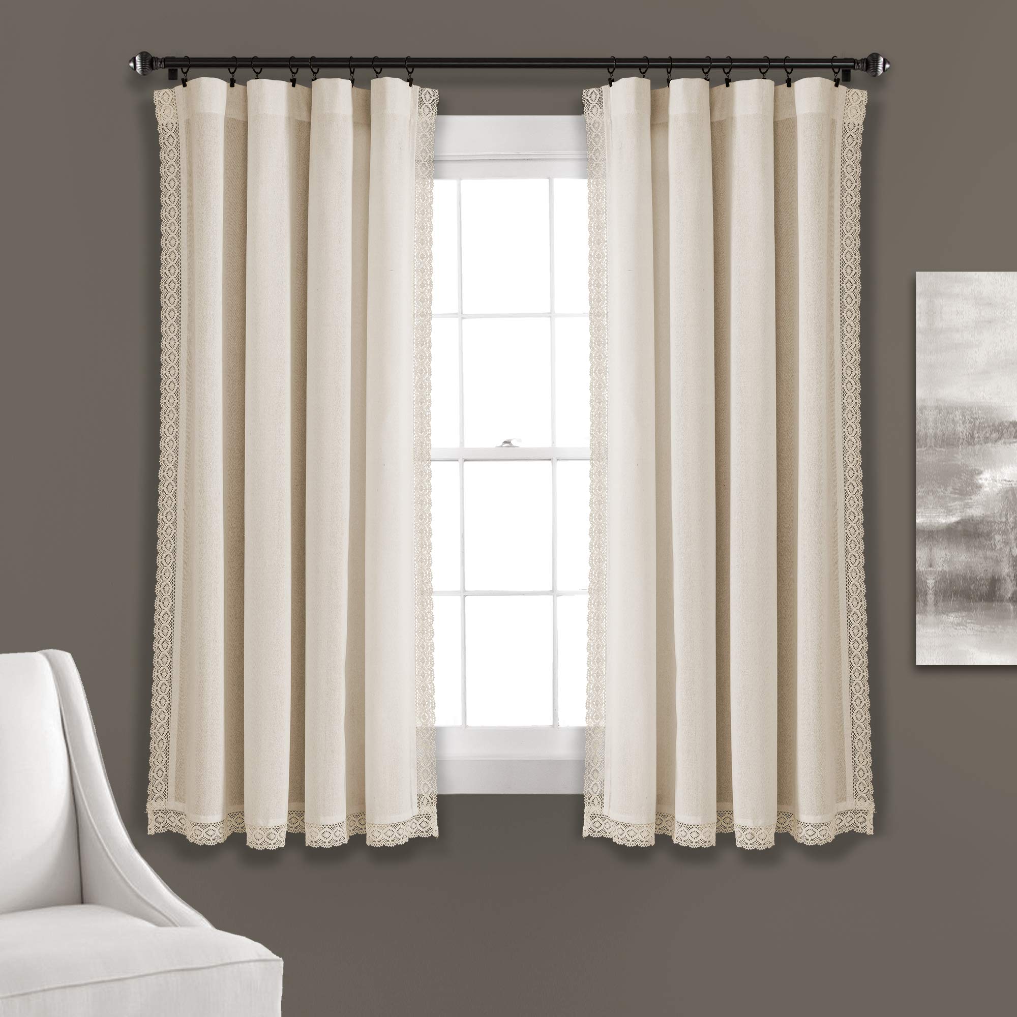Lush Decor Rosalie Farmhouse Window Curtains Rustic Style Panel Set for Living, Dining Room Bedroom (Pair), 54" W x 63" L, Ivory