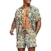 COOFANDY Men's Hawaiian 2 Piece Outfits Summer Beach Matching Set Flower Shirt and Shorts Tropical Vacation Set