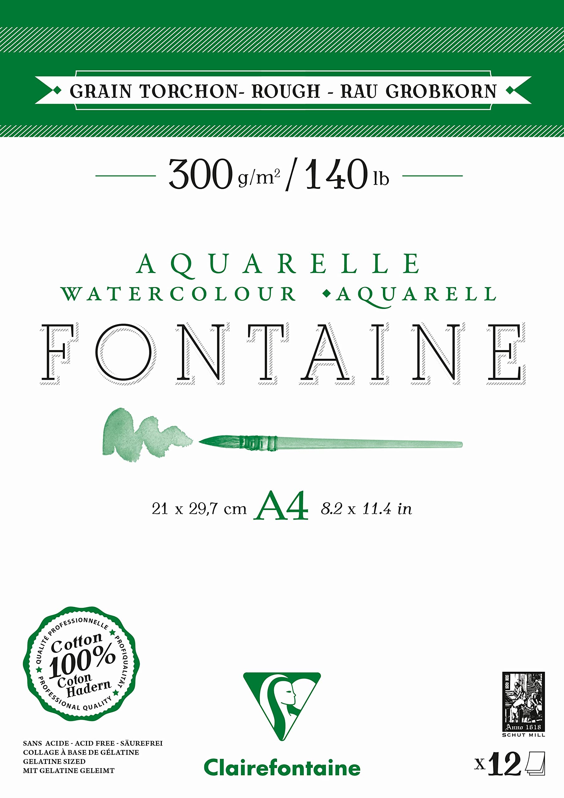 Clairefontaine 975949C - One Fontaine 2-sided glued pad - 12 sheets of 100% cotton white watercolour paper, professional quality, A4 21 x 29.7 cm, 300g