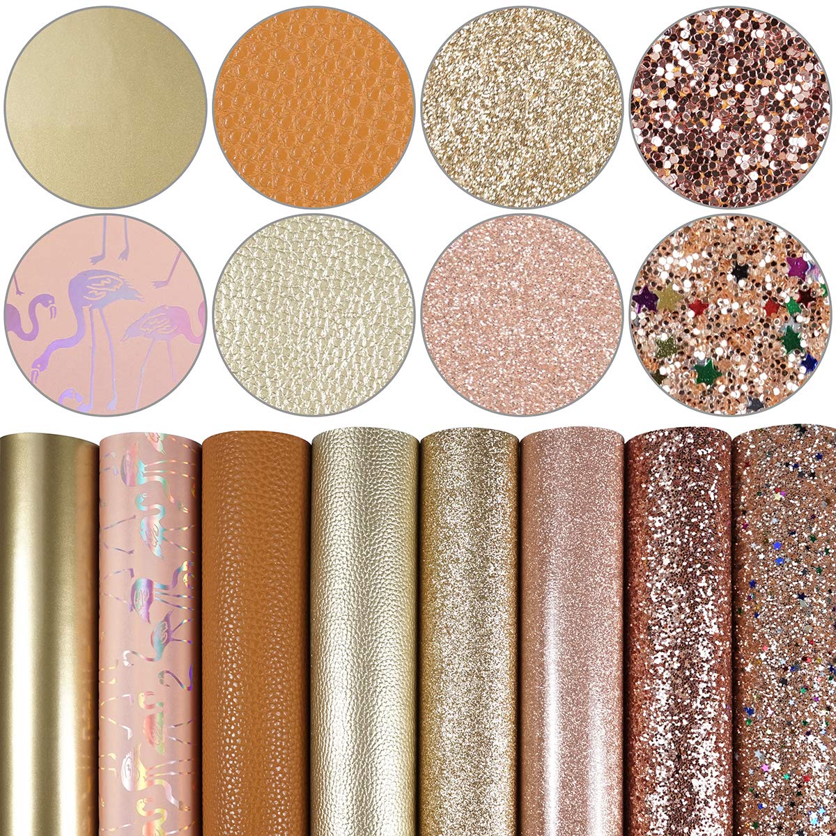 8 Pieces/Set 8x12 Inch (21cmx30cm) Faux Leather Sheets Mixed Champagne Gold Series Fine Chunky Glitter Patent Metallic Litchi Flamingo Pattern Leather Fabric for Bows Earrings Making Craft