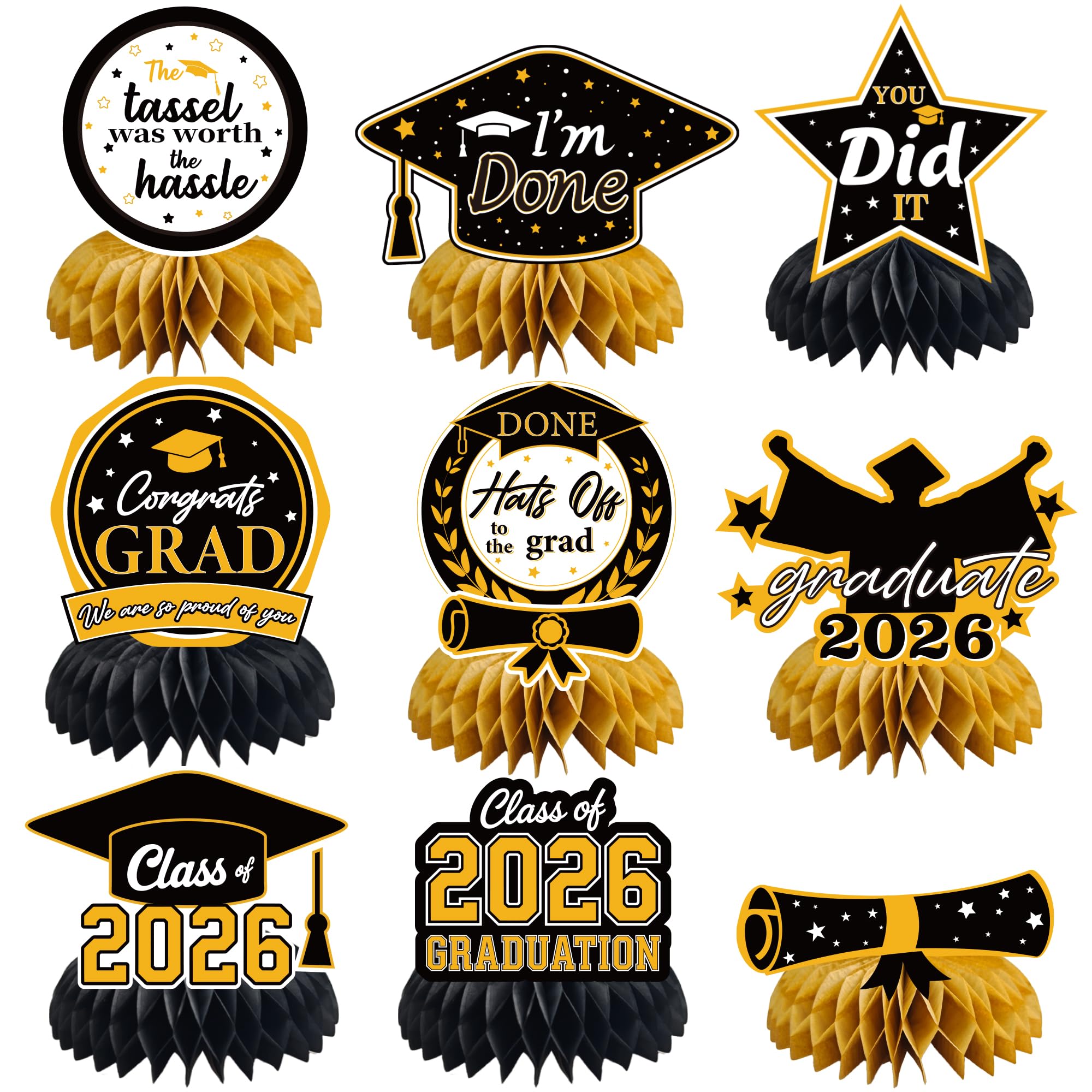 Graduation Decorations 2026 - Black Gold Graduation Honeycomb for Table Centerpiece | Graduation Party Decorations Class of 2026,Table Toppers for Graduation Party Favors Supplies Indoor Outdoor