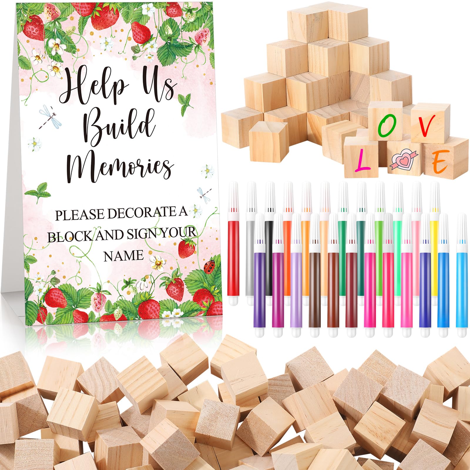 Photo 1 of Dinifee 125 Pcs Baby Shower Decorate a Block Game Set Includes Help Us Build Memories Sign 100 DIY Blank Wooden Block 24 Paint Marker Prize for Wedding Baby Shower Game(Strawberry)