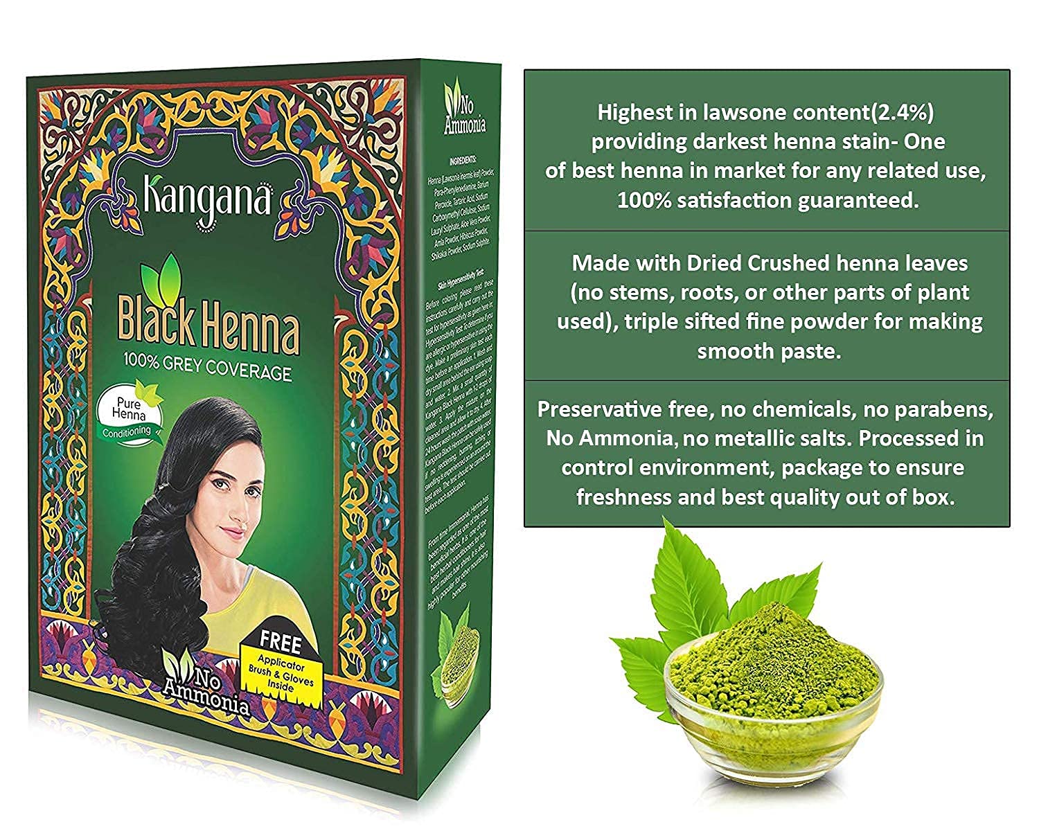 Kangana Black Henna Powder for 100% Grey Coverage | Natural Black Henna Powder for Hair Dye / Color | Naturals Henna Hair Color - 6 Pouches Inside- Total 60g (2.11 Oz) - Pack of 2 : Beauty