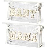 EZdhuawuse Mother's Day Cosmetic Bags - 2Pcs Christmas Preppy Patch White MAMA BABY Chenille Varsity Letter Clear Toiletry Makeup Bag Aesthetic Waterproof Portable Makeup Pouch Clutch Purse for Mom