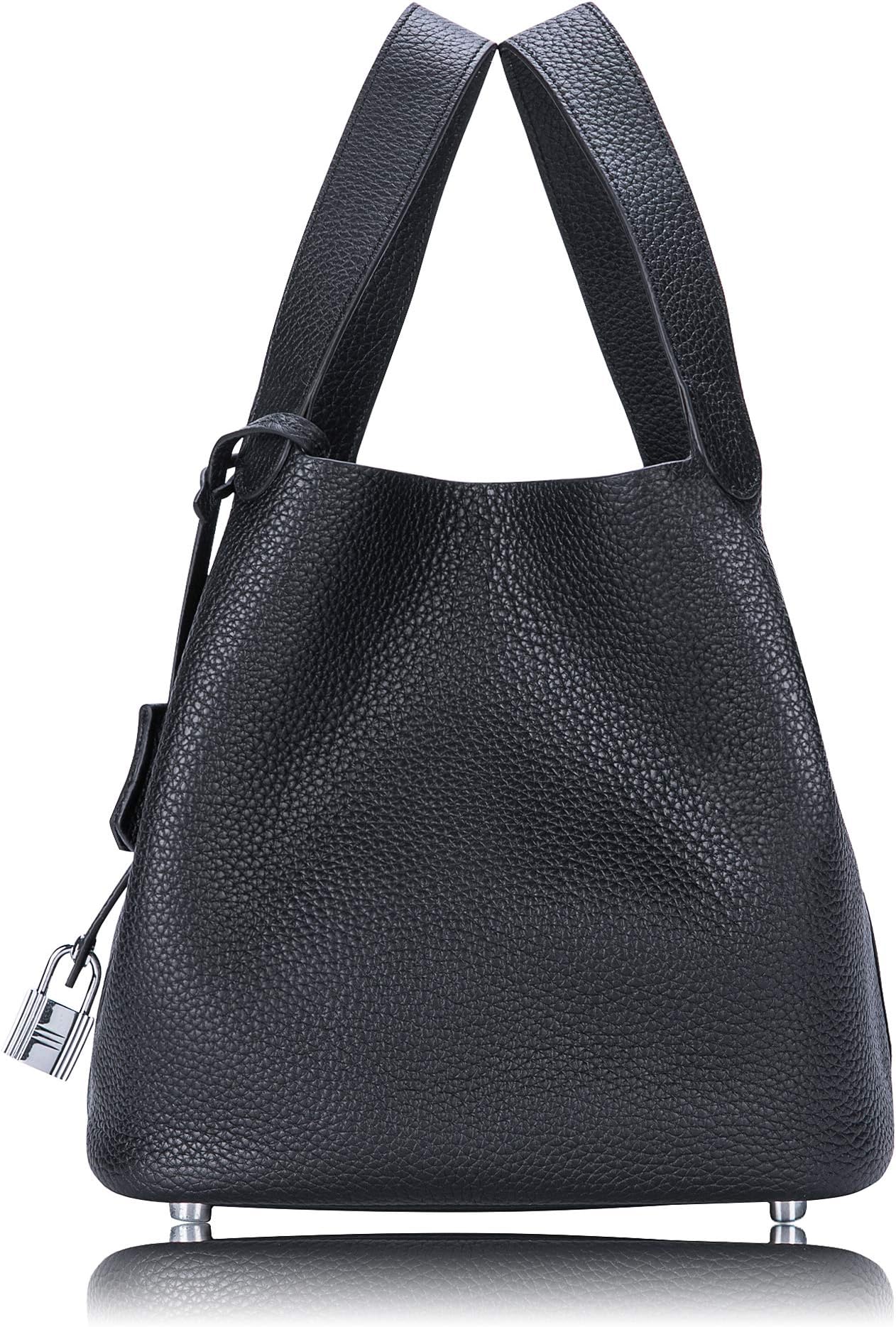 LUCKYSGY Women's Tote Bag Genuine Togo Leather Bucket Handbag Padlock Purse for Lady