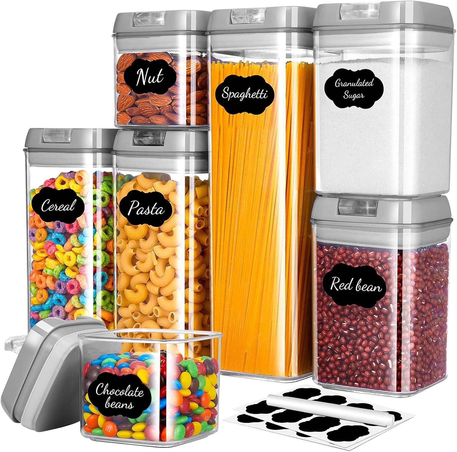 Gesentur Airtight Food Storage Containers with Lids, 7 Pack Plastic Cereal Containers Set for Kitchen Pantry Organization, BPA-Free Clear Storage Canisters with Chalkboard Labels & Pen