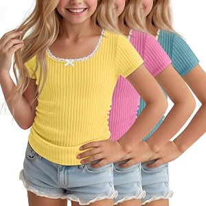 Yooo's Vivi 3 Pack Girls' Cute Lace Trim Shirts | Tween Tops, Kid, 5-14 Years, Short Sleeve, Fitted, Bow, Ribbed, Polo, U Nec