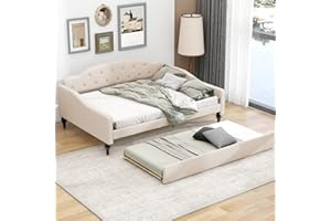DHPM Daybed Full Size with Trundle, Sofa Bed Full Upholstered Tufted with Button on Back and Waved Shape Armrests, Sofa Bed Trundle Daybed with Wood Frame for Bedroom Living Room