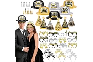 DPKOW 42 New Years Eve Party Supplies 2026 Glasses New Years Eve Party Hats Headbands Noisemakers, Black Gold Silver NYE Hats and Noise Makers, HAPPY NEW YEAR Headband Accessories NYE Decorations 2026
