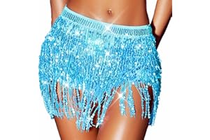 Zoestar Sparkly Sequin Fringe Skirt Tassel Shorts Belly Dance Skirts Rave Festival Outfits for Women