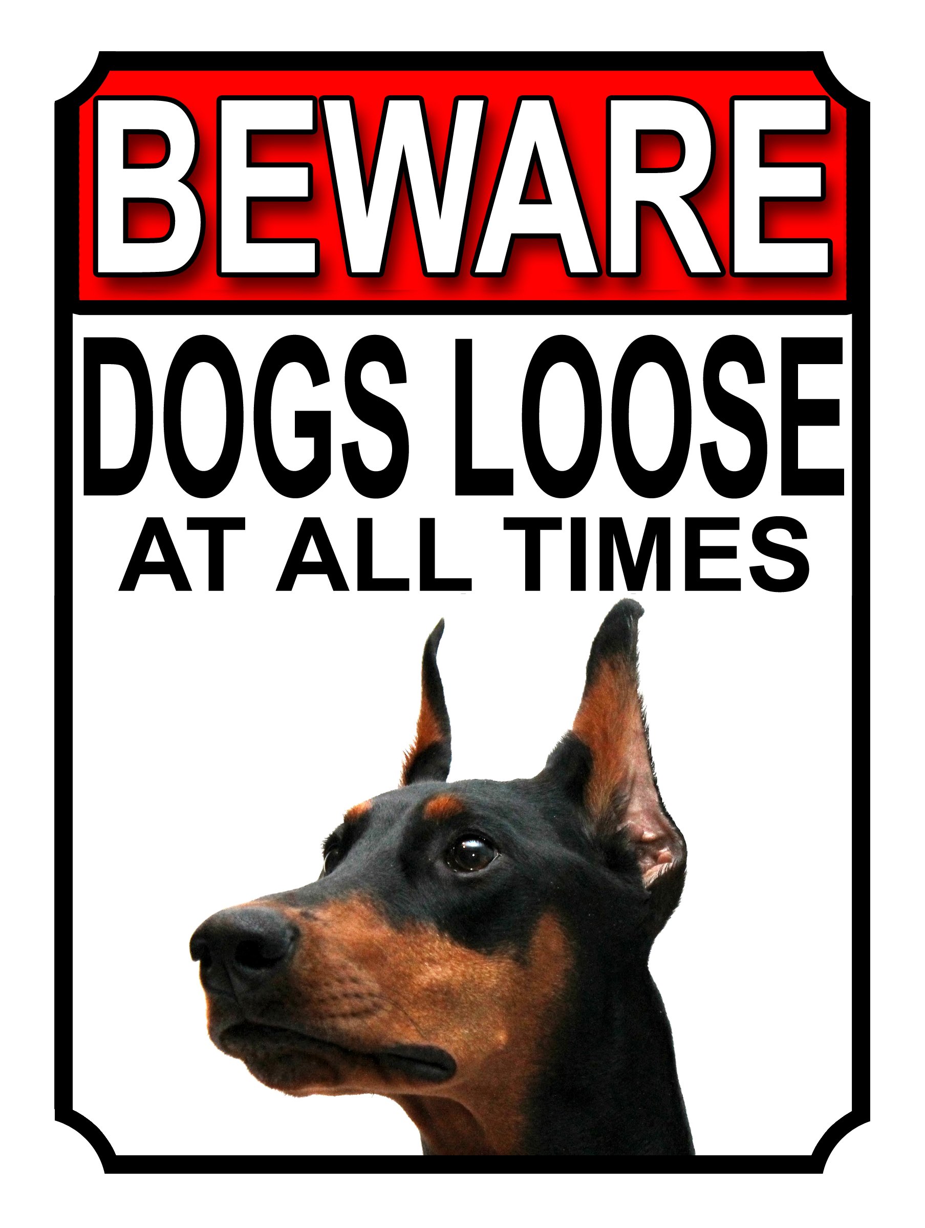 Shawprint BEWARE DOGS LOOSE AT ALL TIMES METAL SIGN DOBERMAN PINSCHER 200MM X 150MM (994H1) — image 1