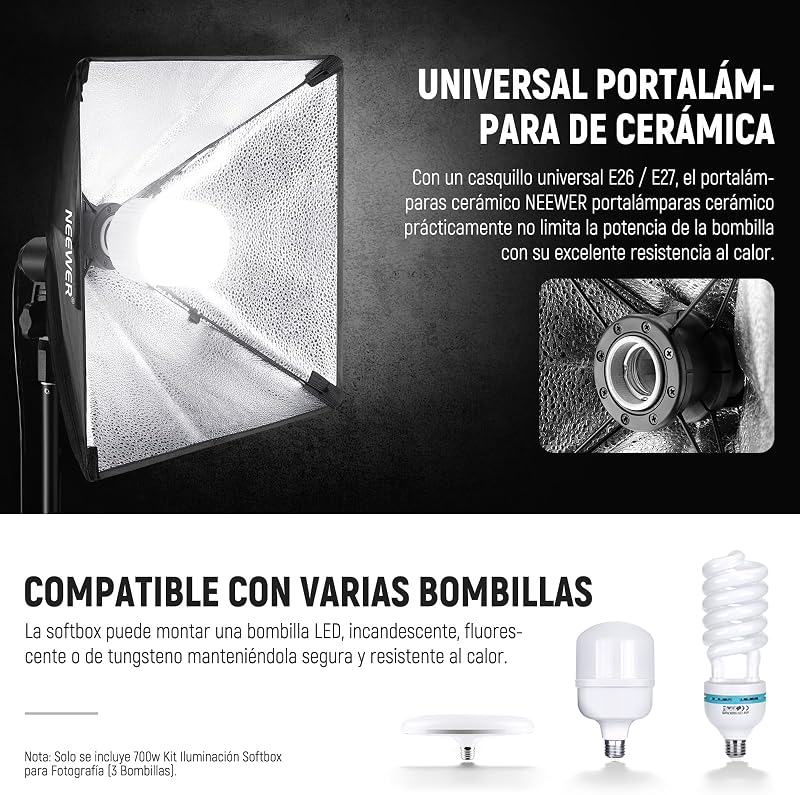 Kit de Iluminación Continua de Caja de Luz Equivalente a 700W, 3 Bombillas de LED de 5700K, 60x60cm Softbox con Enchufe E27, Photography Softbox Lighting Kit para Equipo de Estudio Fotográfico