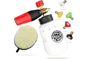 ALL4DETAIL Foam Cannon, Heavy Duty Car Foam Blaster Wide Mouth Adjustable Snow Foam Lance with 1/4’’ Quick Connector, 1 Liter - 5 Pressure Washer Nozzle Tips - Car Washing Glove for Car Wash