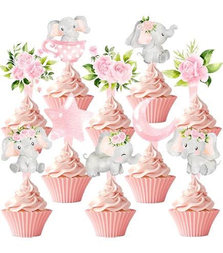24 Pack Elephant Cupcake Toppers - Gender Reveal Baby Shower Decorations (Pink) - View #10