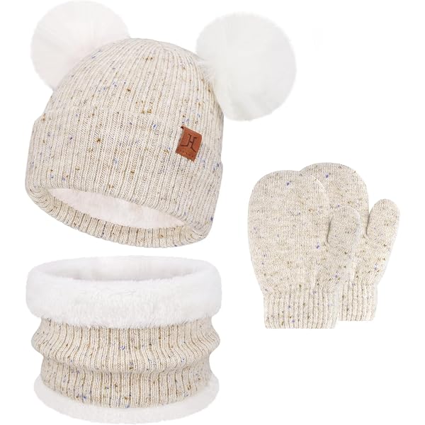 Amazon.com: Kids Cute Pompom Winter Beanie, 3 In 1 Hat Scarf  display picture 3