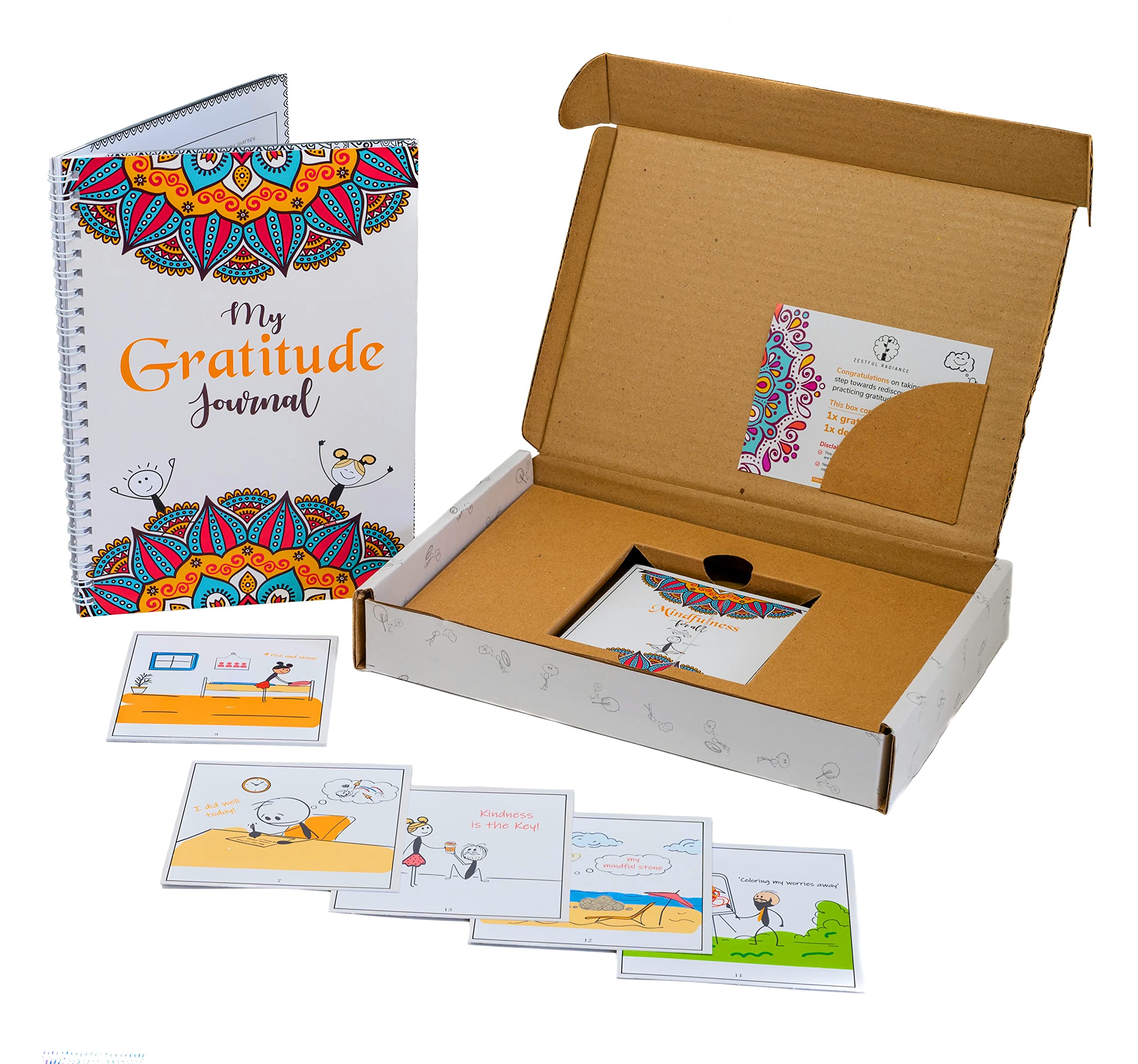 Zestful Radiance Mindfulness & Gratitude Gift Box—30 Activity Cards | Journal With Mandala Colouring Pages— Inspirational Meditation Gifts for Women, Men Teenagers, 8.89 cm x 8.89 cm (card size)