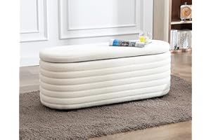 Kmax Storage Bench Faux Fur Entryway Bench Upholstered Ottoman Bench for Bedroom Living Room Hallway, White