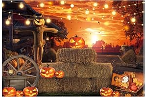 Funnytree 82" x 59" Halloween Photography Backdrop Hallowmas Eve Gloomy Devil Pumpkin Scarecrow Background Horrible Scary Nightmare Party Banner Dress Up Decor Favors Gifts Photobooth Props