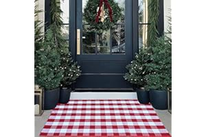CAINANEL Red and White Plaid Rug Christmas Outdoor Front Door Mat Cotton Hand-Woven Washable Rug for Layered Door Mats Carpet for Farmhouse, Porch, Entryway, Living Room(Red and White, 27.5"×43.3")