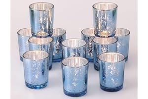 Volens Blue Votive Candle Holders Bulk, Mercury Glass Tealight Candle Holder Set of 12 for Wedding Centerpiece Table Decorations, Bridal Shower and Home Decor