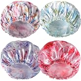 CHFONG Shower Caps for Women, 4 PCS Reusable Waterproof Bath Cap | Double Layer, Washable, Wide Elastic Band, Holds Long Hair, Caps for Bath Accessories, Spa, Travel Home - Flower